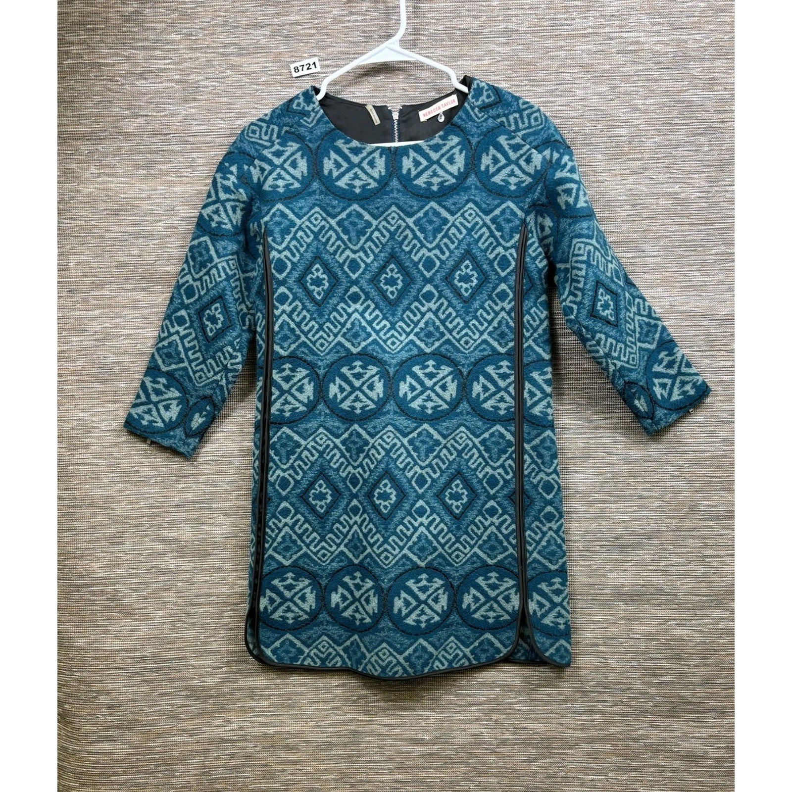 Rebecca Taylor Dress Womens 2 Blue Geometric Jacquard Shift 3/4 Sleeve Short